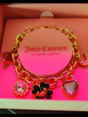 Juicy Couture Gold-Tone Charm Bracelet with Pink Crystal Heart and Black Clover